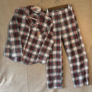 Lauren Ralph Lauren Pajama Set Womens Sz S Red Green Plaid Plush Monogram Pocket